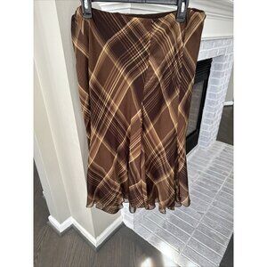 Lauren Ralph Lauren Silk Black Label Brown Plaid Asymmetrical Ruffle Skirt~Large